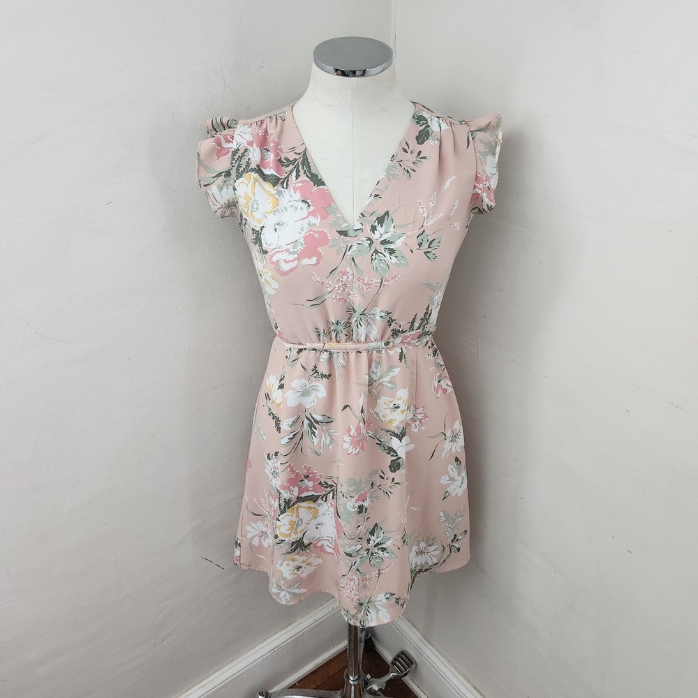 LOFT Outlet Pink Floral Flutter Sleeve V Neck Mini‎ Dress Women's XS